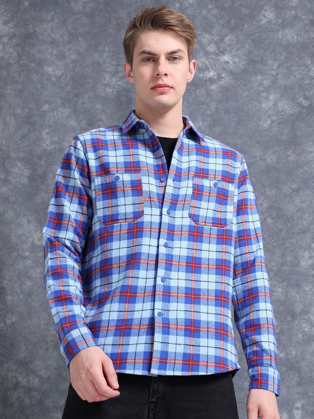 

StitchX Men's Spread Collar Full Sleeve Brushed Cotton Checkered Shirt, Blue