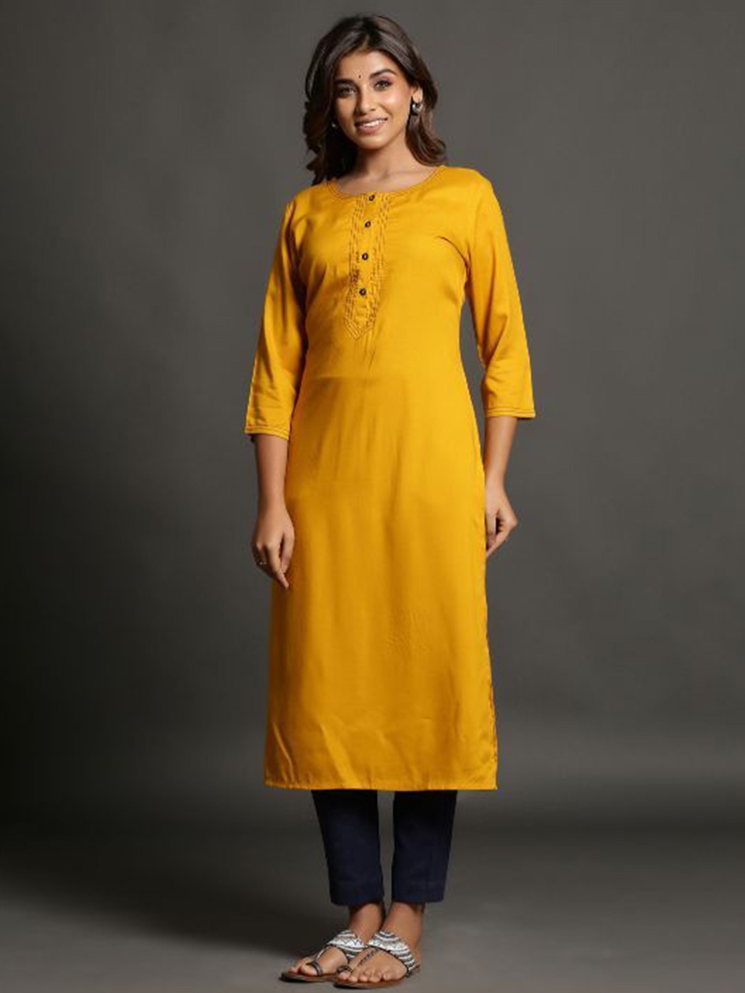 

Krimmple Cotton A-Line Round Neck Kurta, Mustard