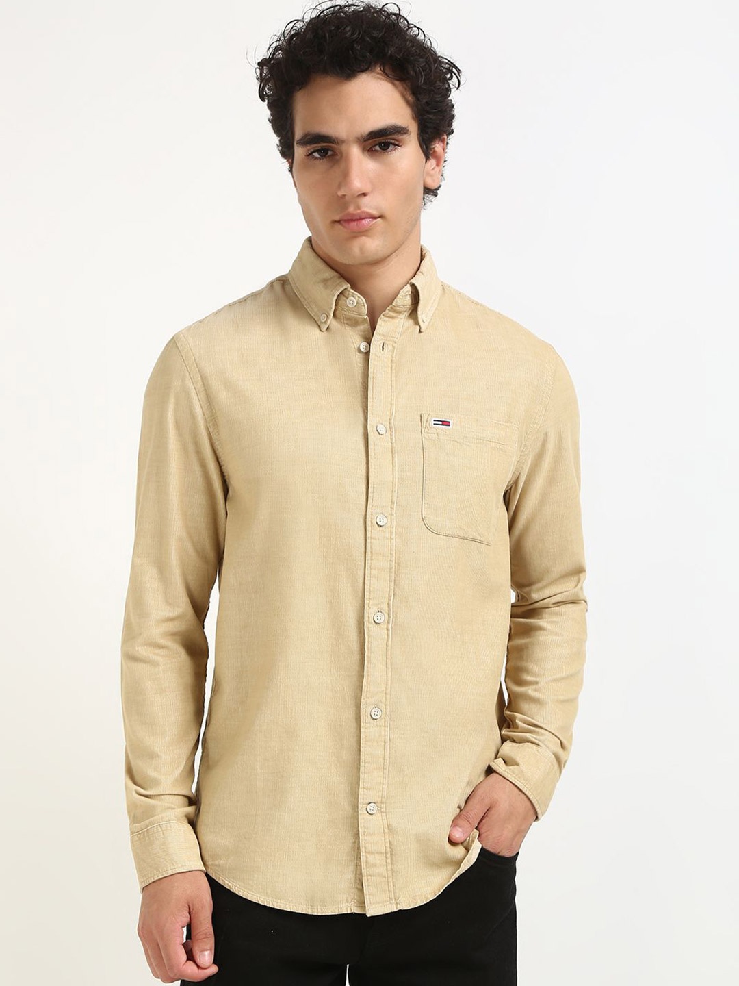 

Tommy Hilfiger Men Button-Down Collar Solid Cotton Casual Shirt, Beige
