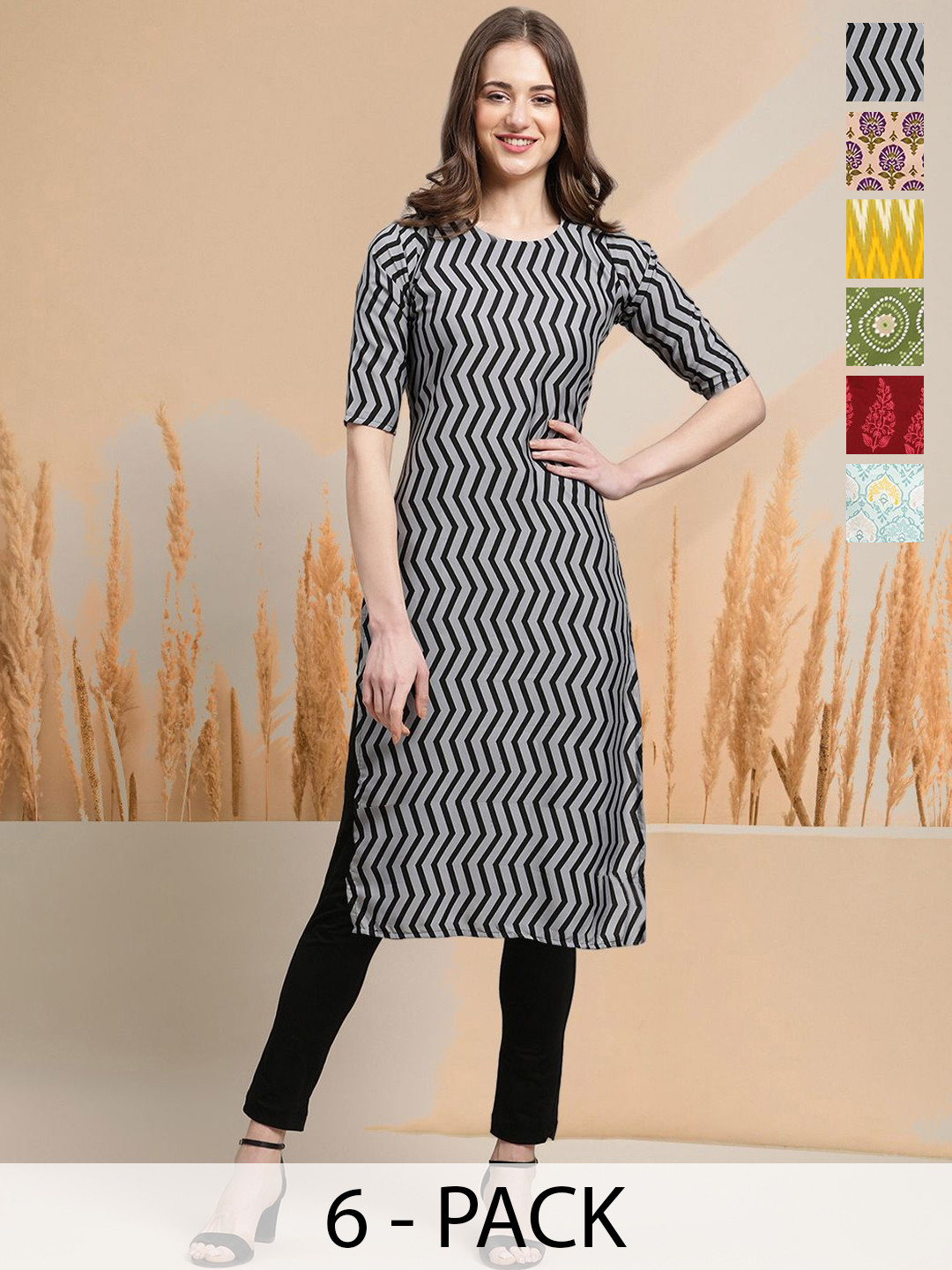 

7Threads Selection Of 6 Chevron Printed Round Neck Straight Kurtas, Grey
