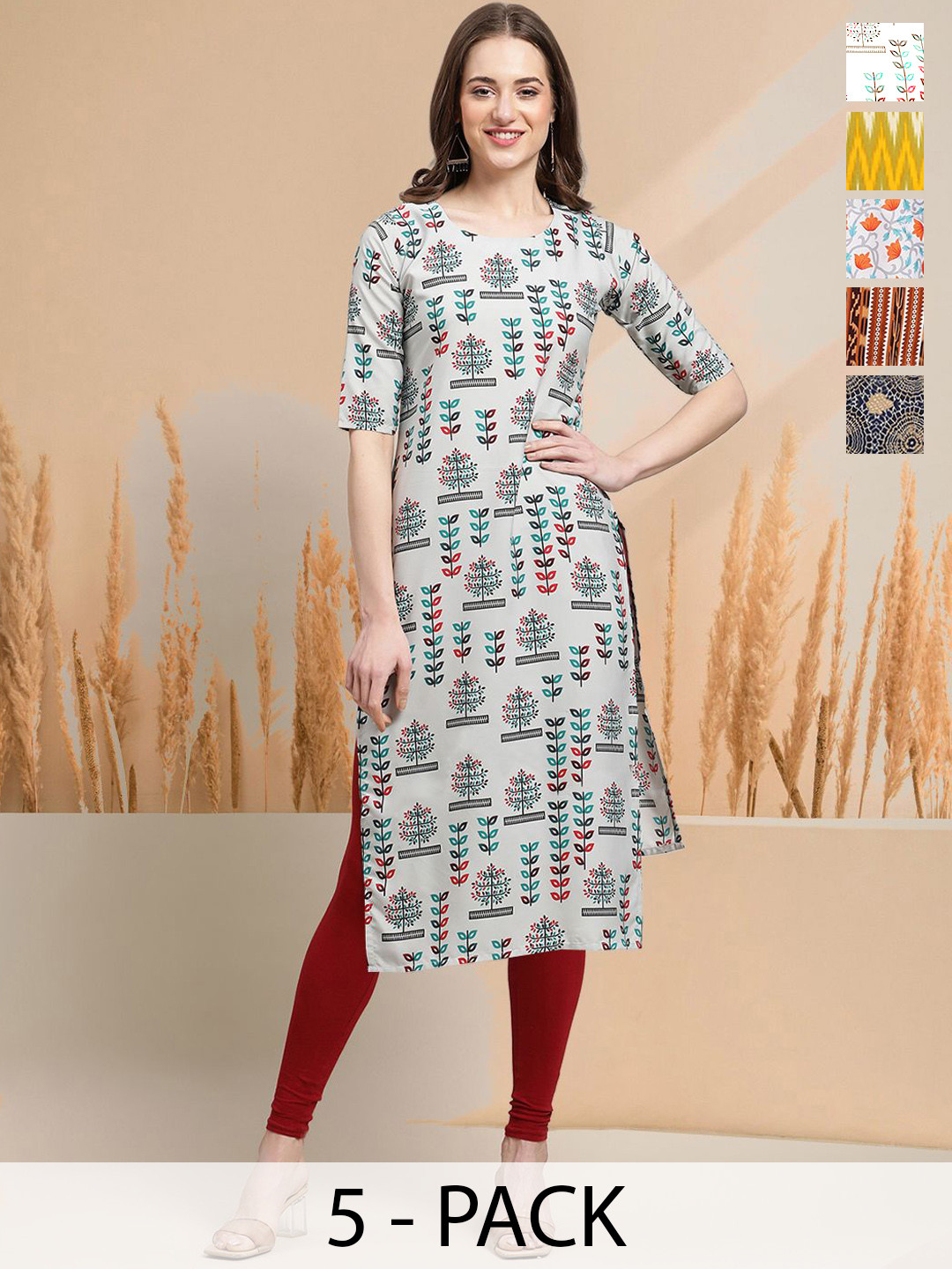 

7Threads Selection of 5 Floral Printed Round Neck Straight Kurtas, Grey