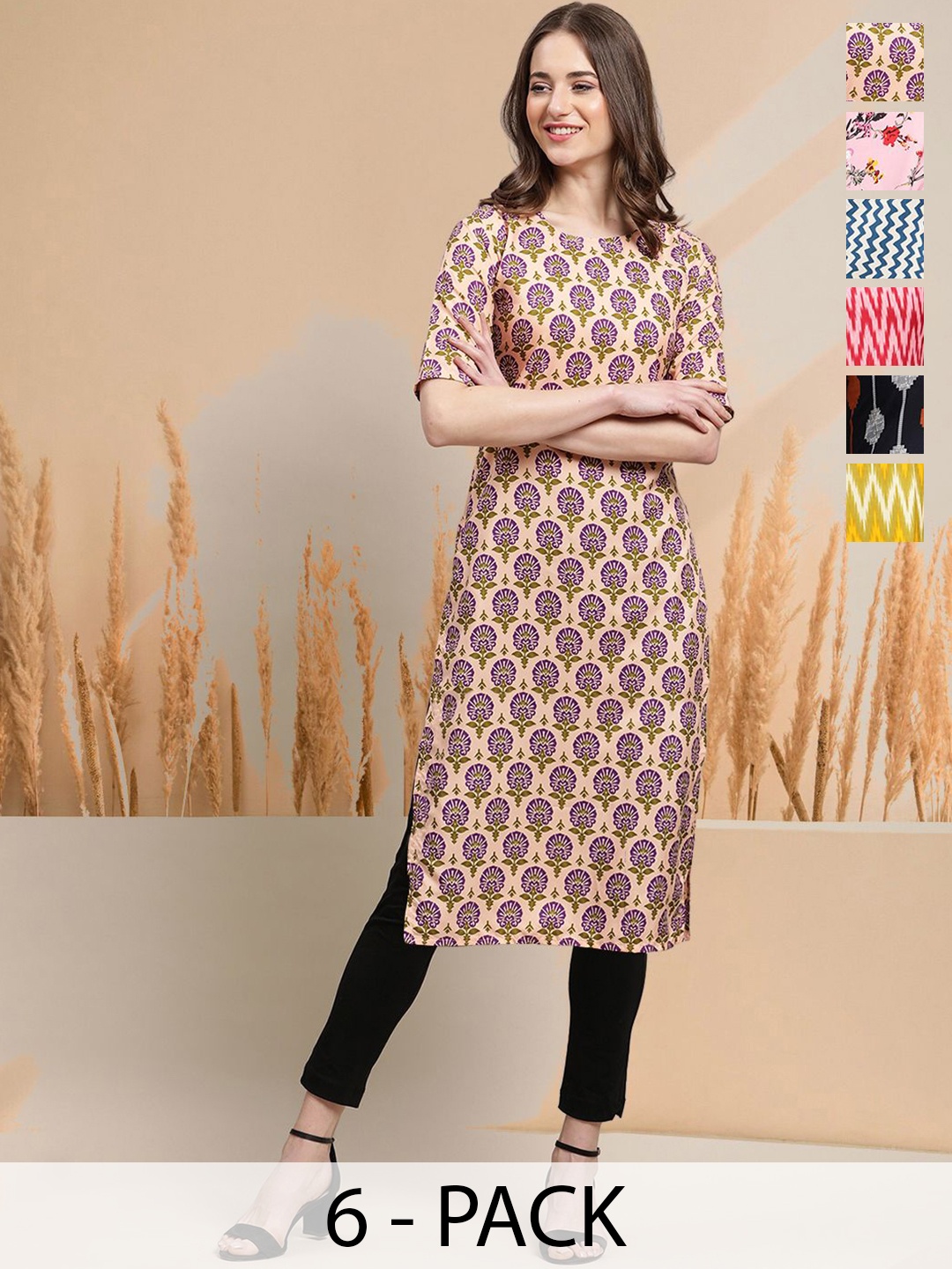 

7Threads Selection Of 6 Ethnic Motifs Printed Round Neck Straight Kurtas, Peach