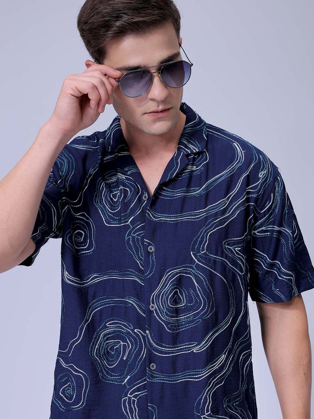 

The Indian Garage Co Men Relaxed Fit Embroidery Resortwear Shirt, Navy blue