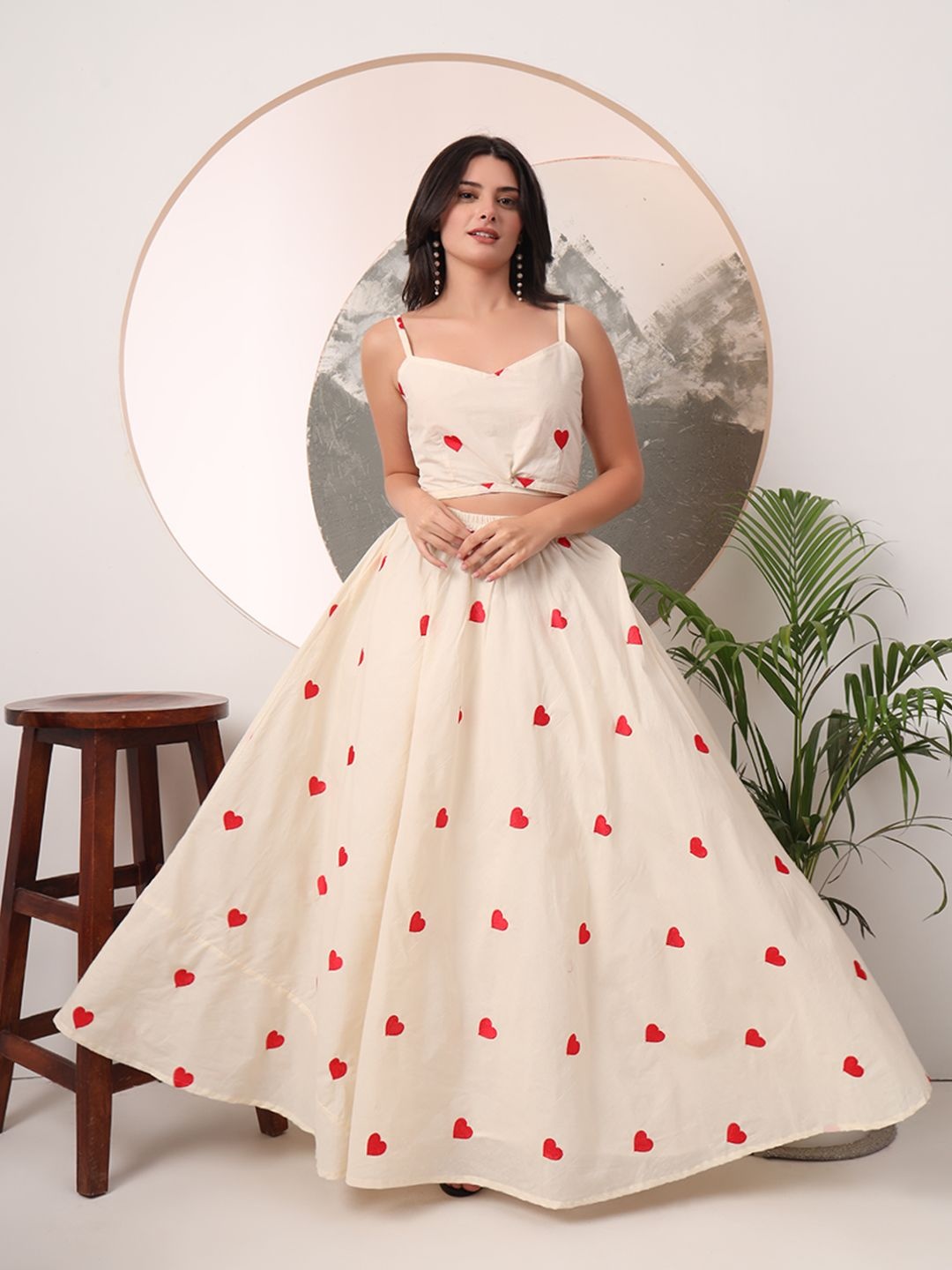 

PRENEA Embroidered Shoulder Straps Cotton Ready to Wear Lehenga & Blouse With Dupatta, Cream