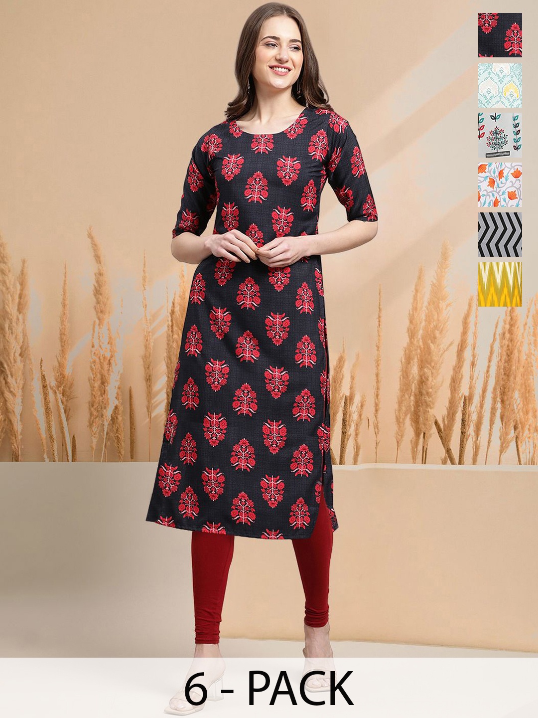 

7Threads Selection Of 6 Floral Printed Round Neck Straight Kurtas, Black