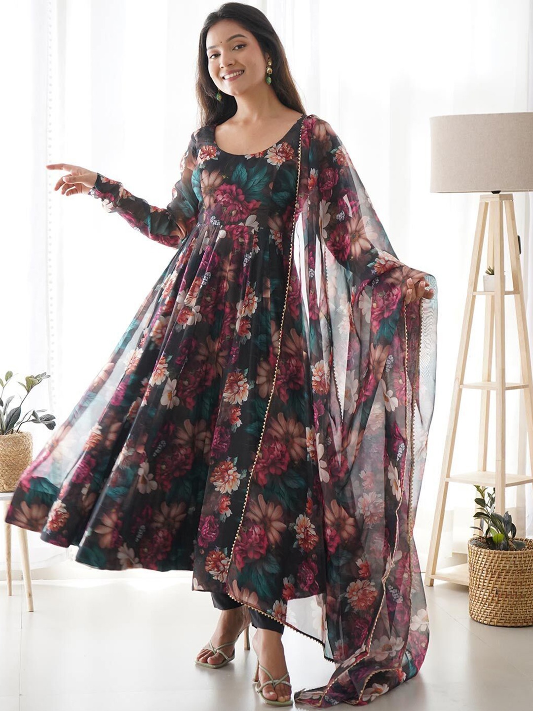 

A TO Z CART Women Floral Print Georgette Fit & Flare Dress, Black
