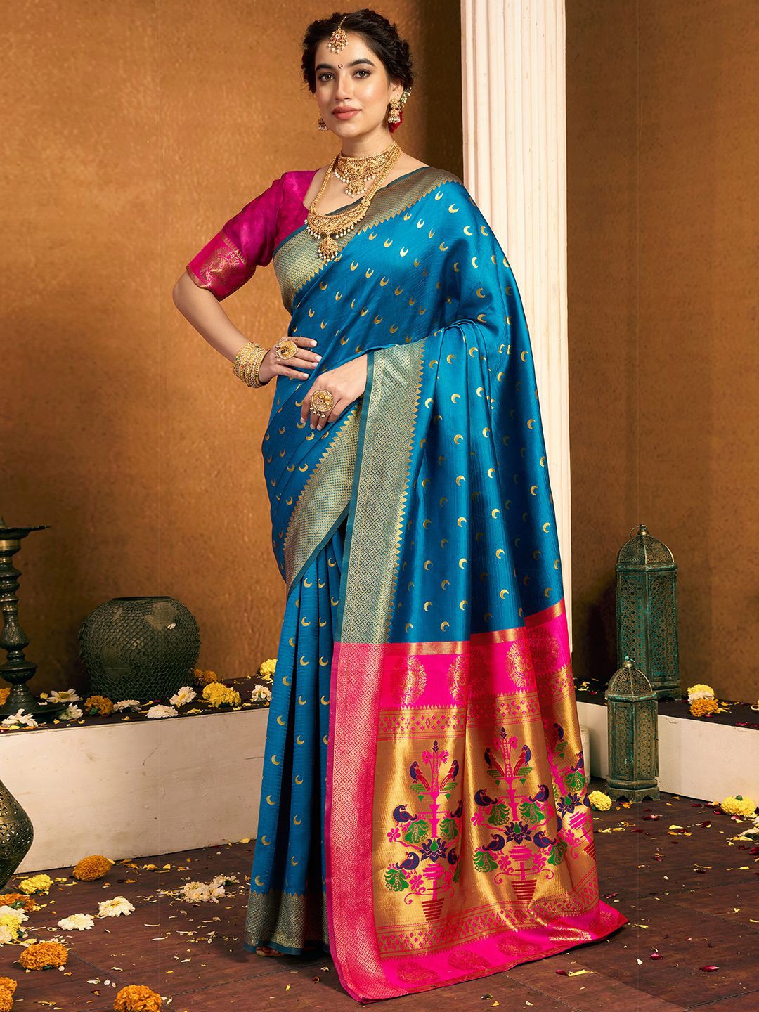 

KALINI Woven Design Zari Paithani Saree, Blue