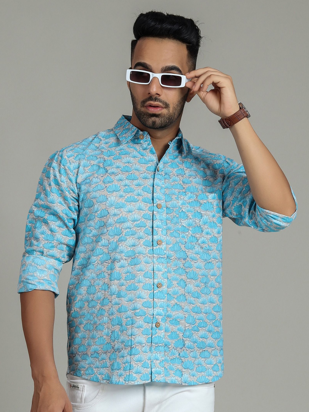 

Cotton Curio Men Comfort Floral Opaque Printed Casual Shirt, Blue