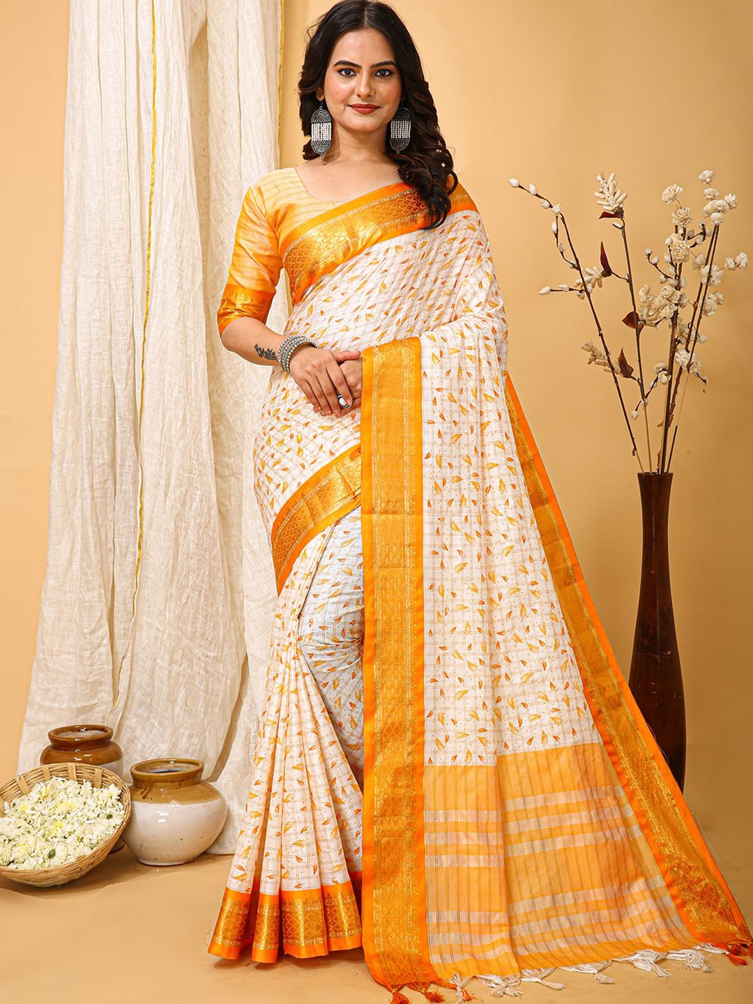 

Panzora Ethnic Motifs Zari Saree With Unstitched Blouse Piece, Orange