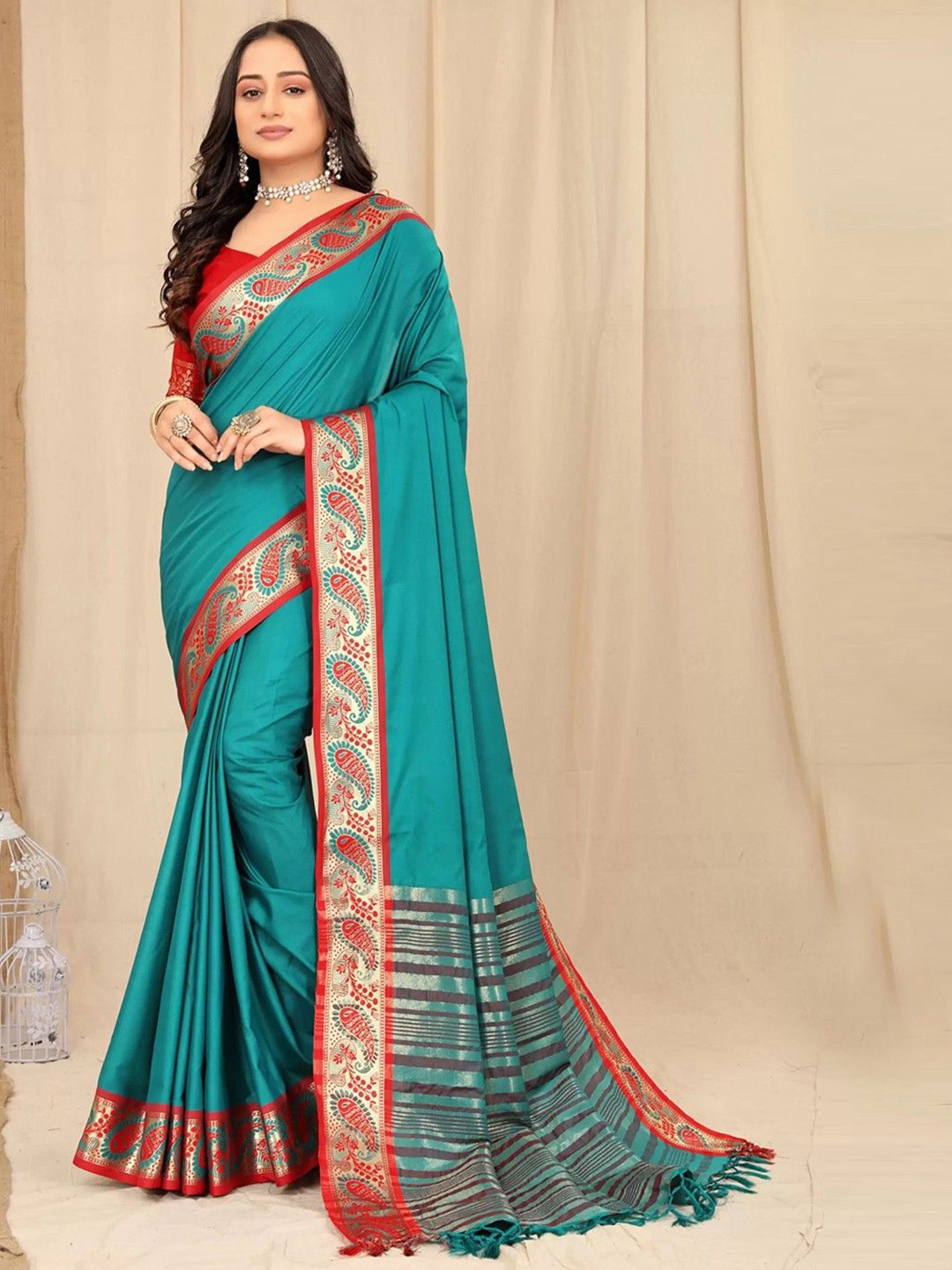 

A TO Z CART Solid Pattern Zari Saree, Turquoise blue