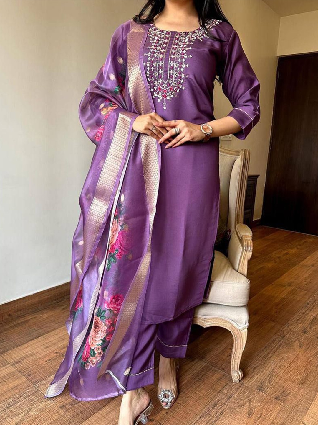 

SHREE KHODAL FASHION Women Embroidered Round Neck Kurta With Trousers & Dupatta, Purple