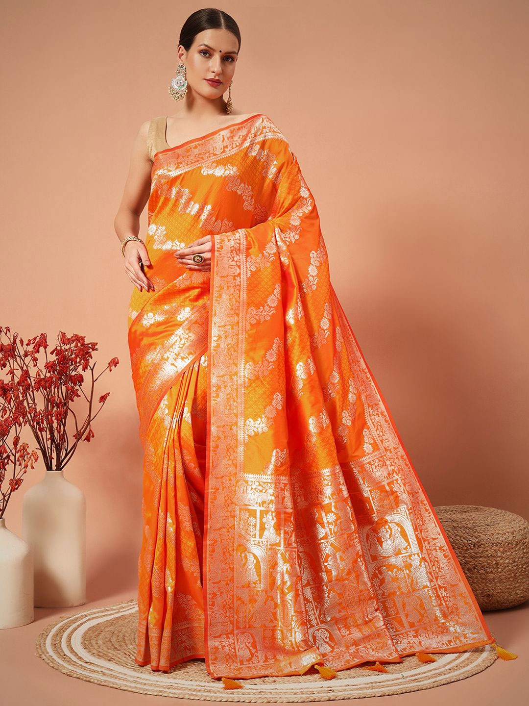 

SWAMI STUDIO Ethnic Motifs Woven Design Zari Pure Silk Banarasi Saree, Orange