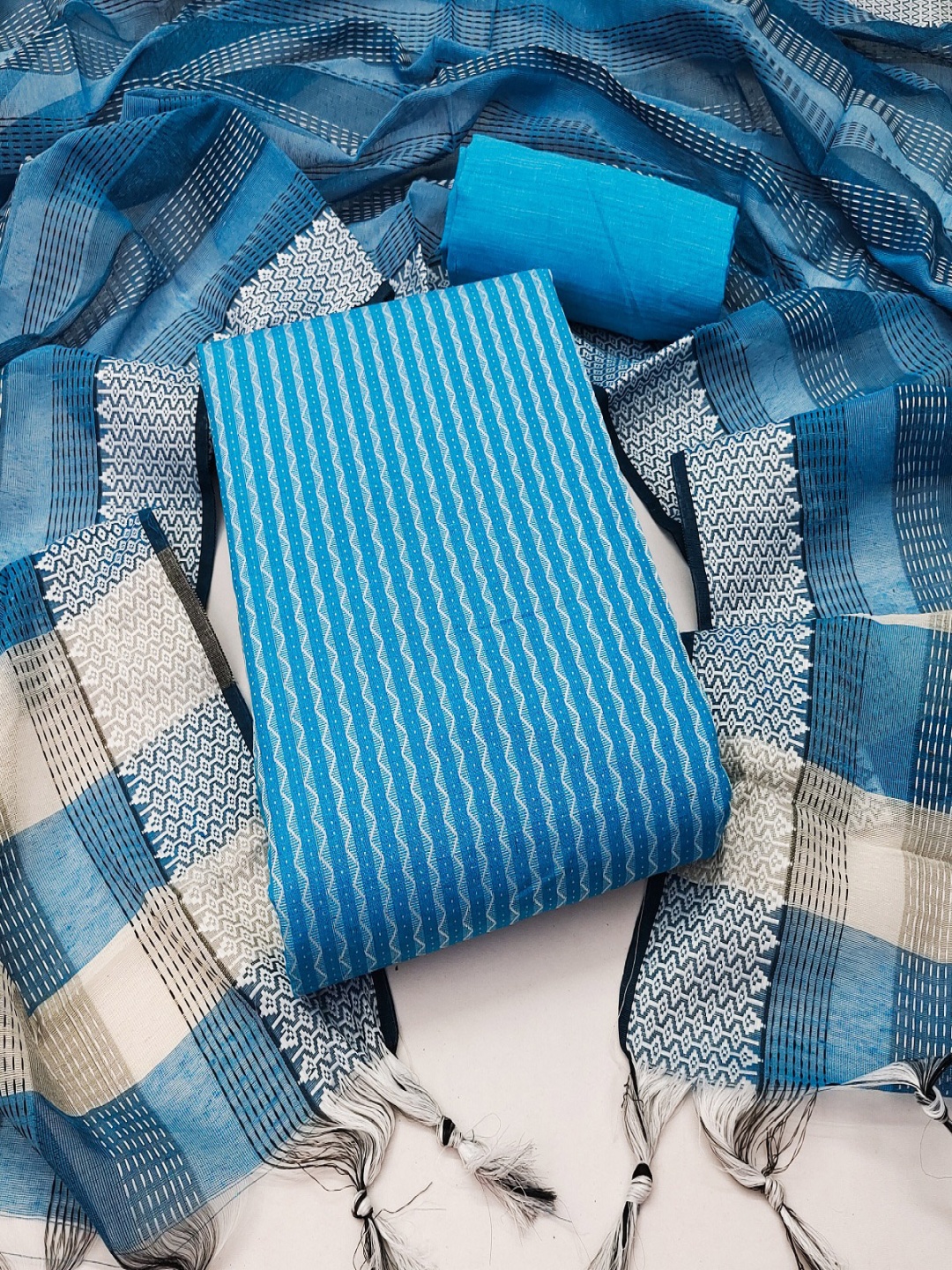 

A TO Z CART Striped Unstitched Dress Material, Turquoise blue