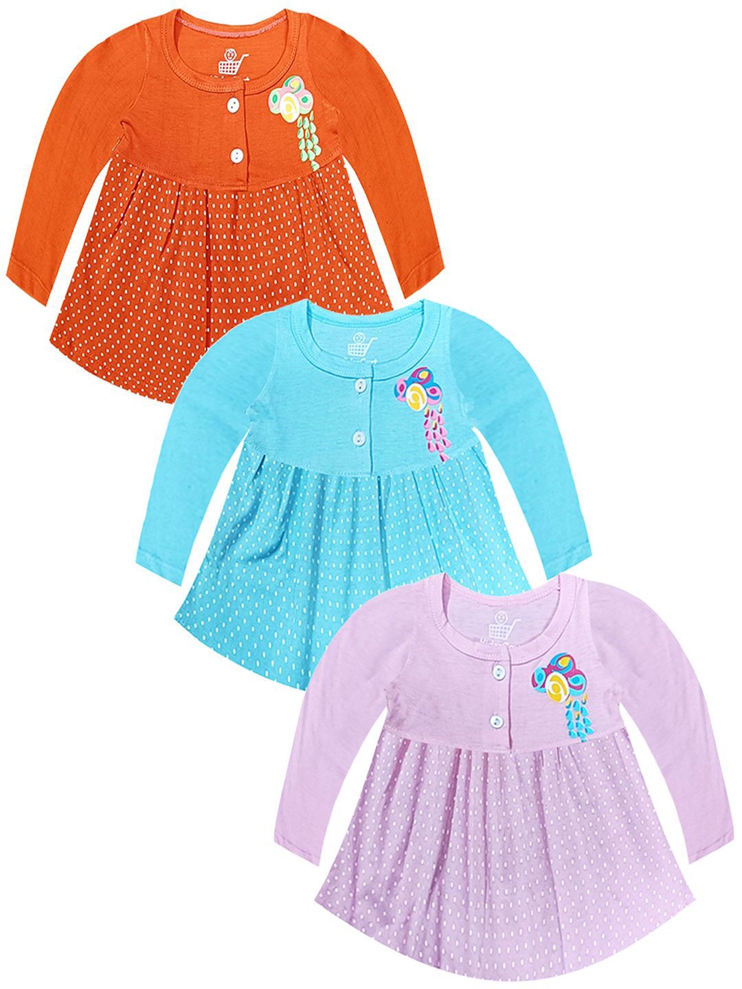 

KidzzCart Girls Pack Of 3 Polka Dot Printed Cotton Fit & Flare Dress, Orange