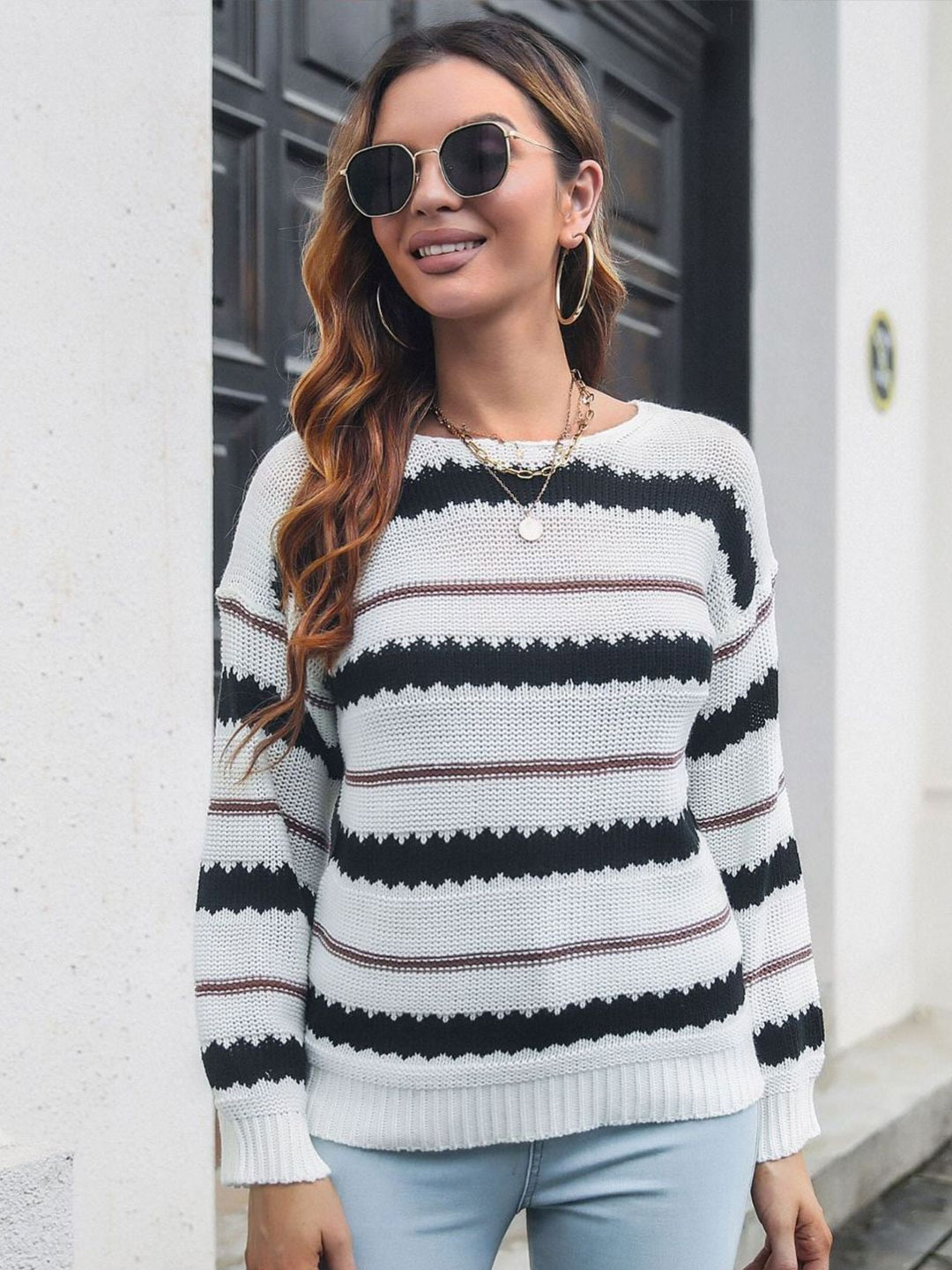 

Oh Rare Women Striped Pullover, White