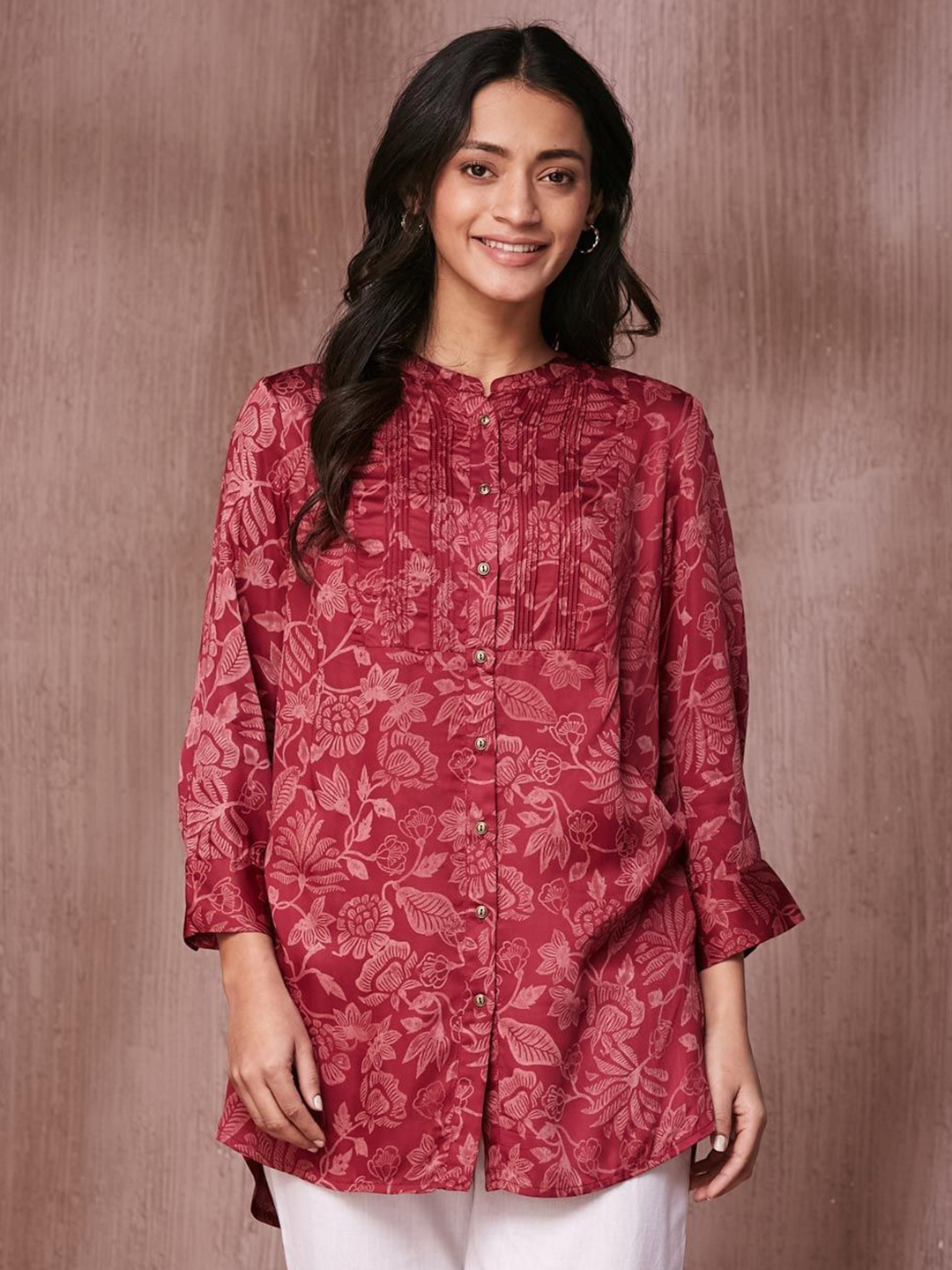 

Fabindia Women Mandarin Collar Printed Tunic, Maroon