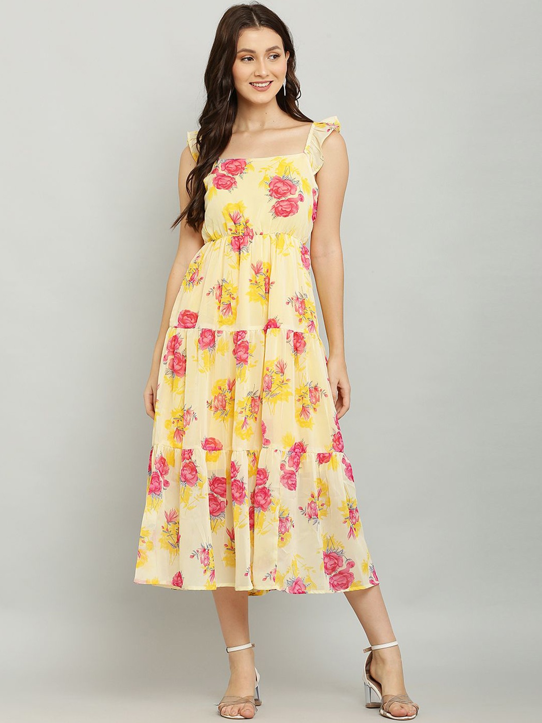 

SHAHVEER CREATION Floral Printed Georgette Tiered Fit & Flare Midi Dress, Yellow