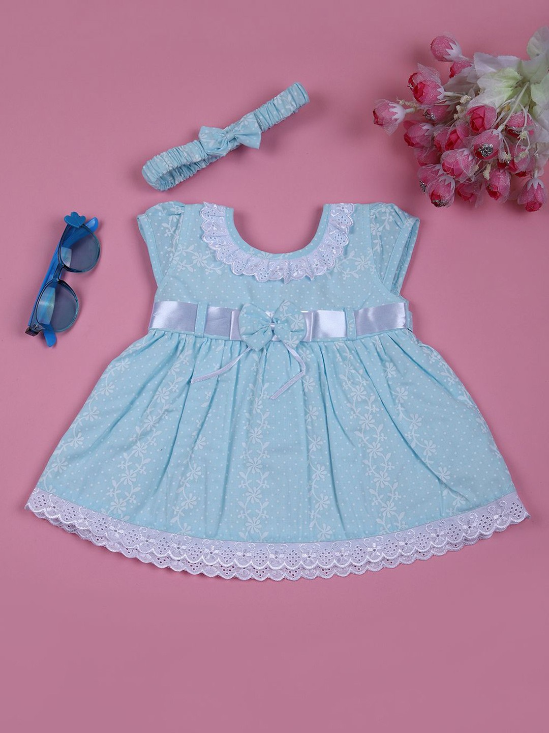 

V-Mart Girls Floral Printed Cotton Fit & Flare Midi Dress, Blue