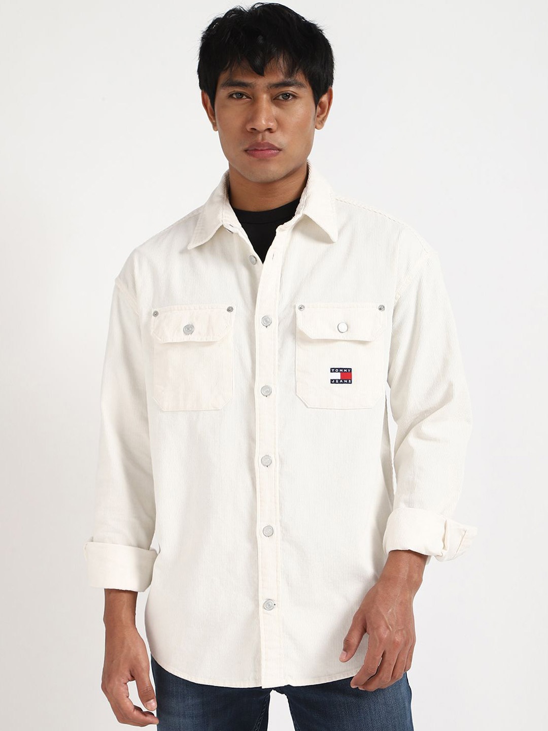 

Tommy Hilfiger Men Solid Spread Collar Relaxed Fit Cotton Shacket, White