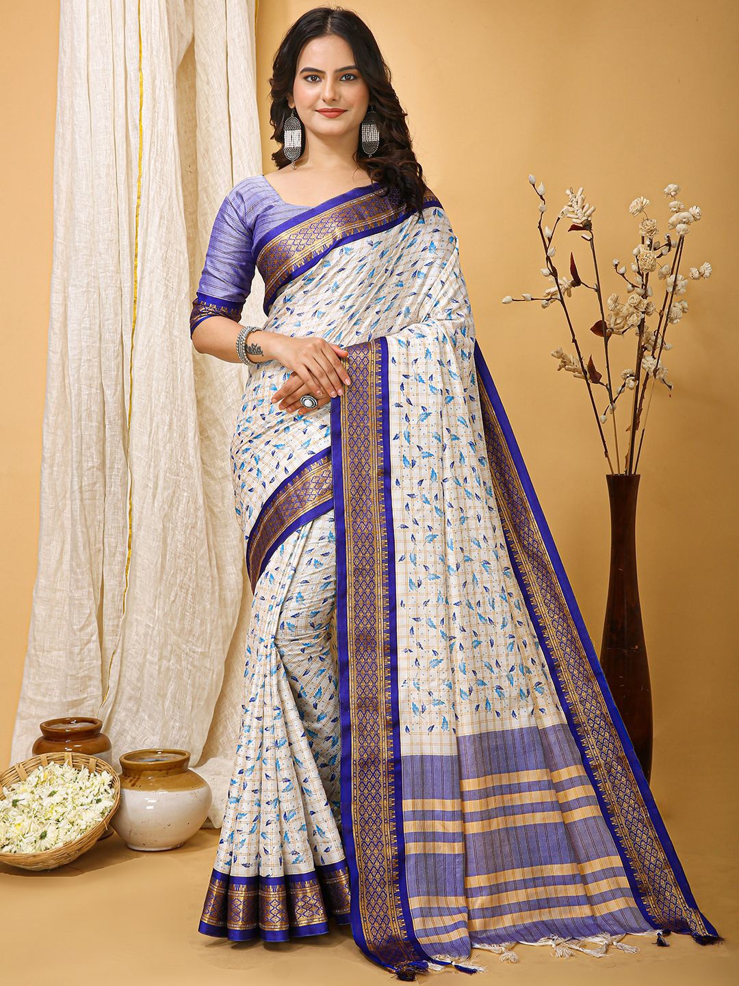 

Mitera Checked Zari Designer Saree, White