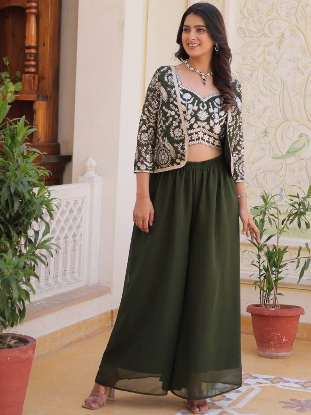 

KALINI Women Floral Embroidered Regular Top with Palazzos, Green