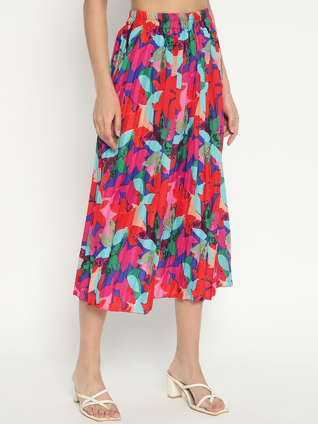 

Femvy Floral Printed Flared Midi Skirt, Red