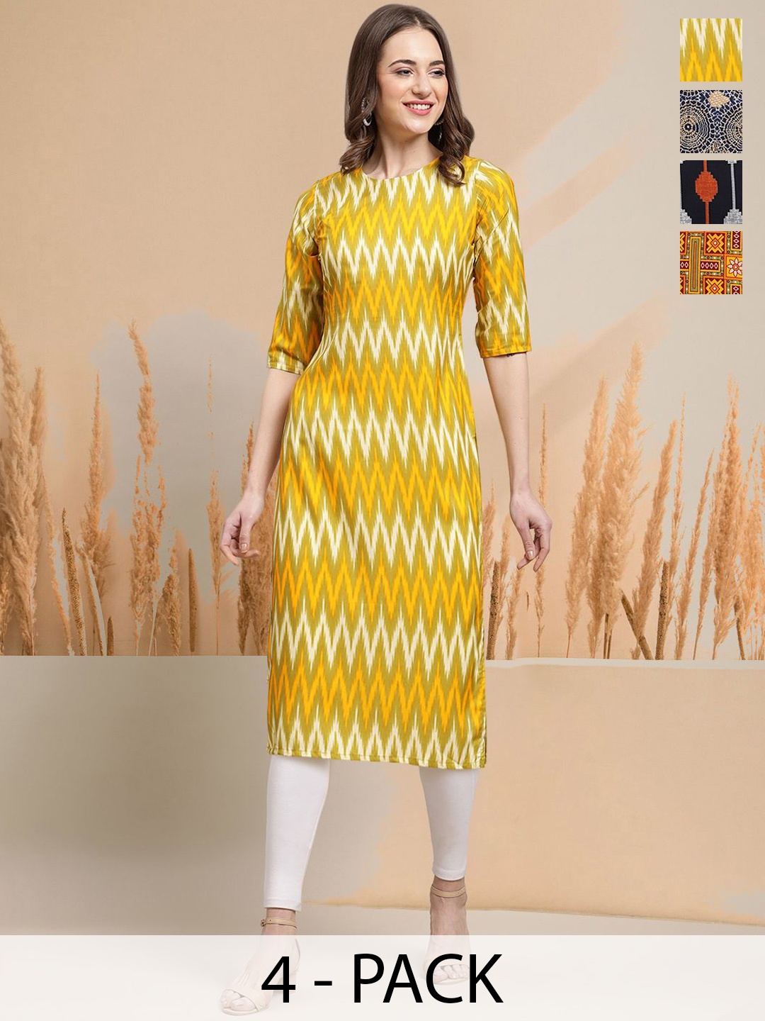 

7Threads Selection Of 4 Chevron Printed Round Neck Straight Kurtas, Mustard