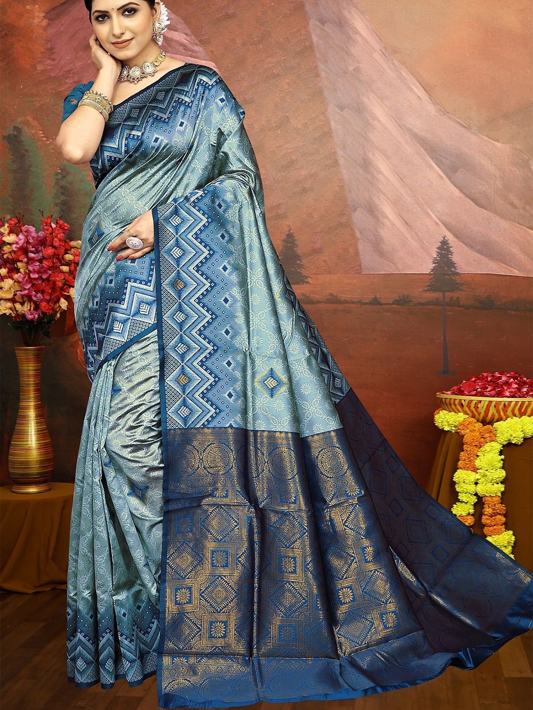 

A TO Z CART Woven Design Zari Pure Silk Banarasi Saree, Turquoise blue