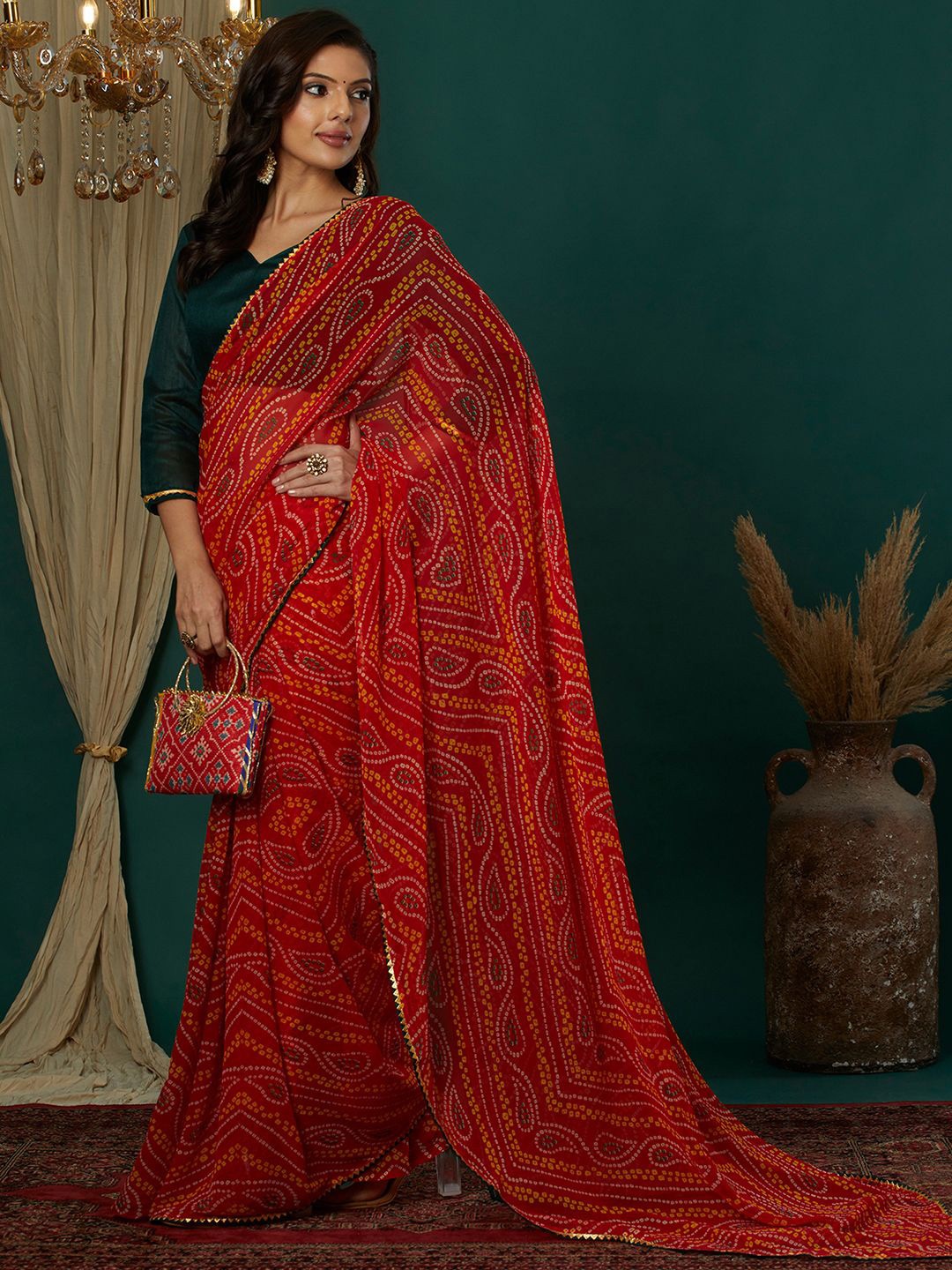 

KALINI Bandhani Gotta Patti Pure Georgette Bandhani Saree, Red