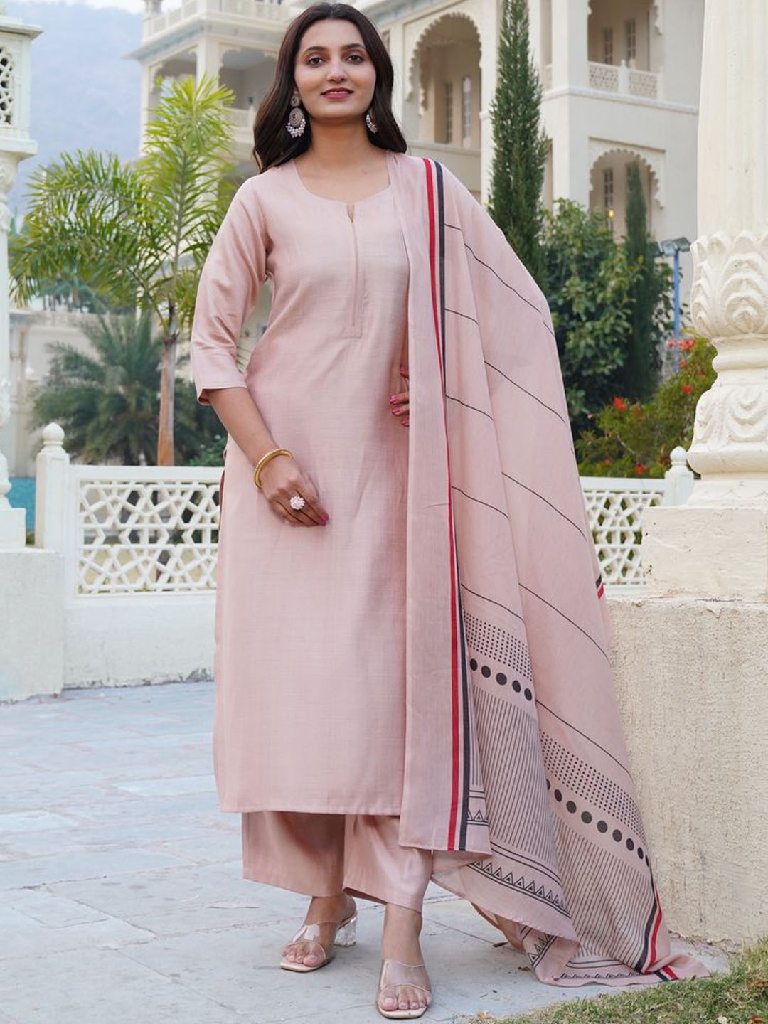 

Anni Designer Notch Neck Straight Kurta With Palazzo & Dupatta, Beige