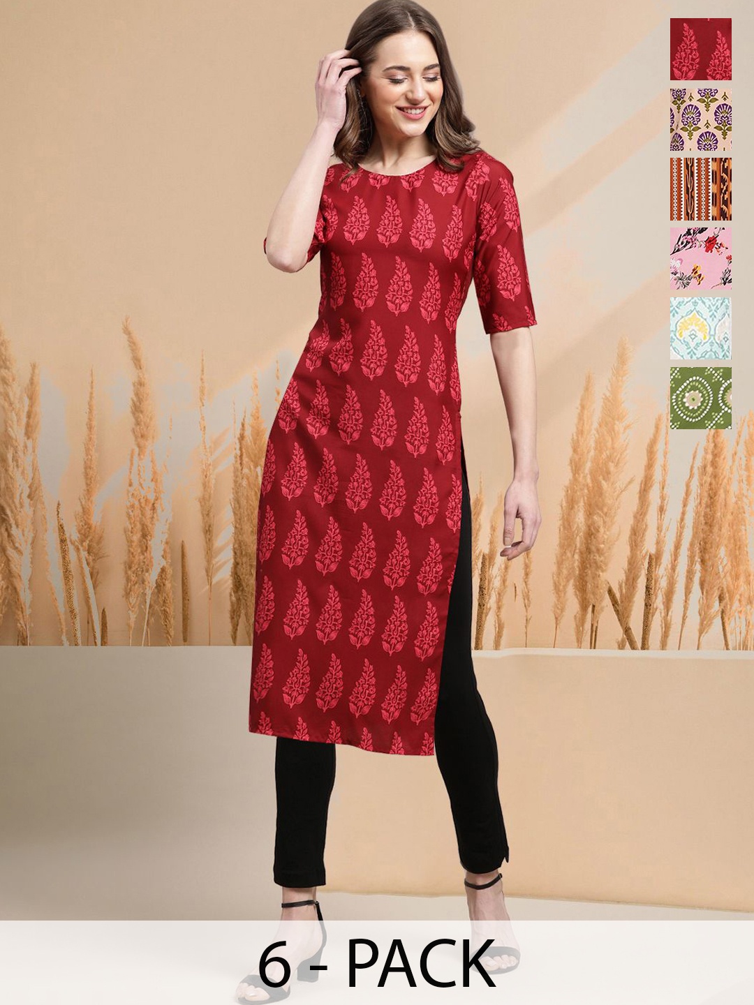 

7Threads Selection Of 6 Ethnic Motifs Printed Round Neck Straight Kurtas, Red