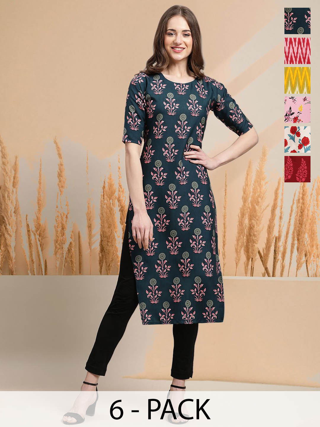 

7Threads Selection Of 6 Floral Printed Round Neck Straight Kurtas, Navy blue