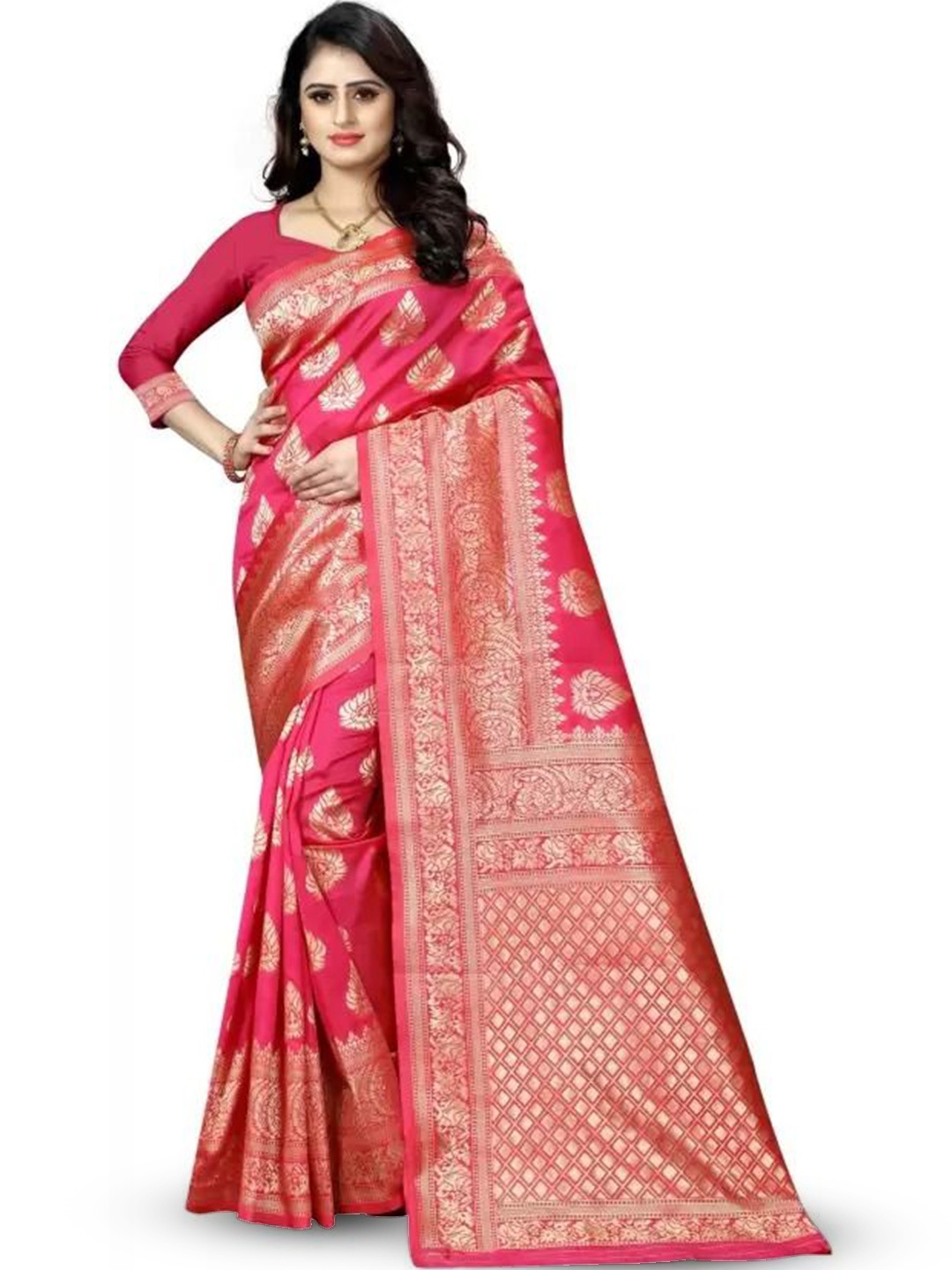 

Florence Ethnic Motifs Woven Design Zari Pure Silk Kanjeevaram Saree, Pink