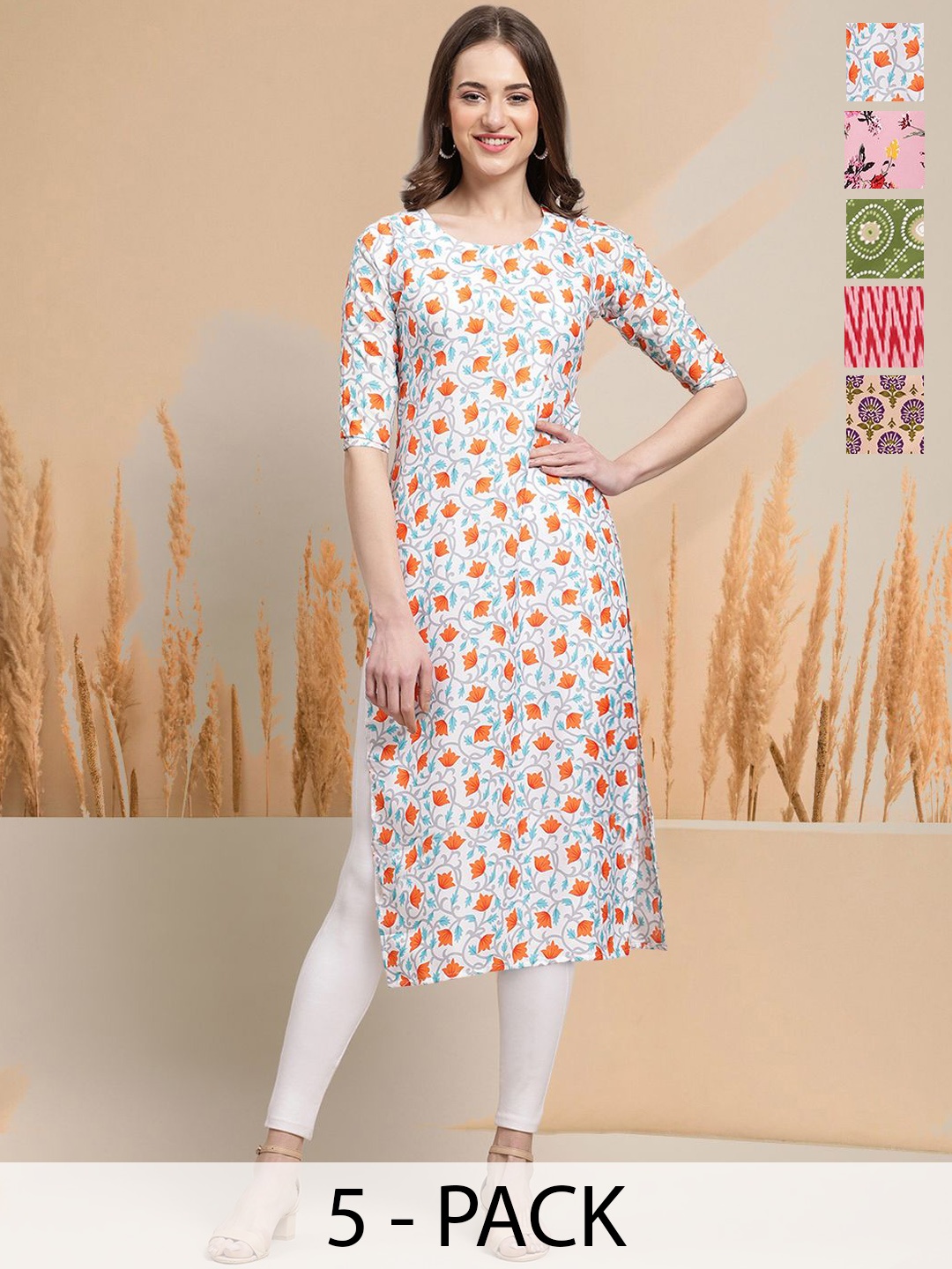 

7Threads Selection Of 5 Floral Printed Round Neck Straight Kurtas, White