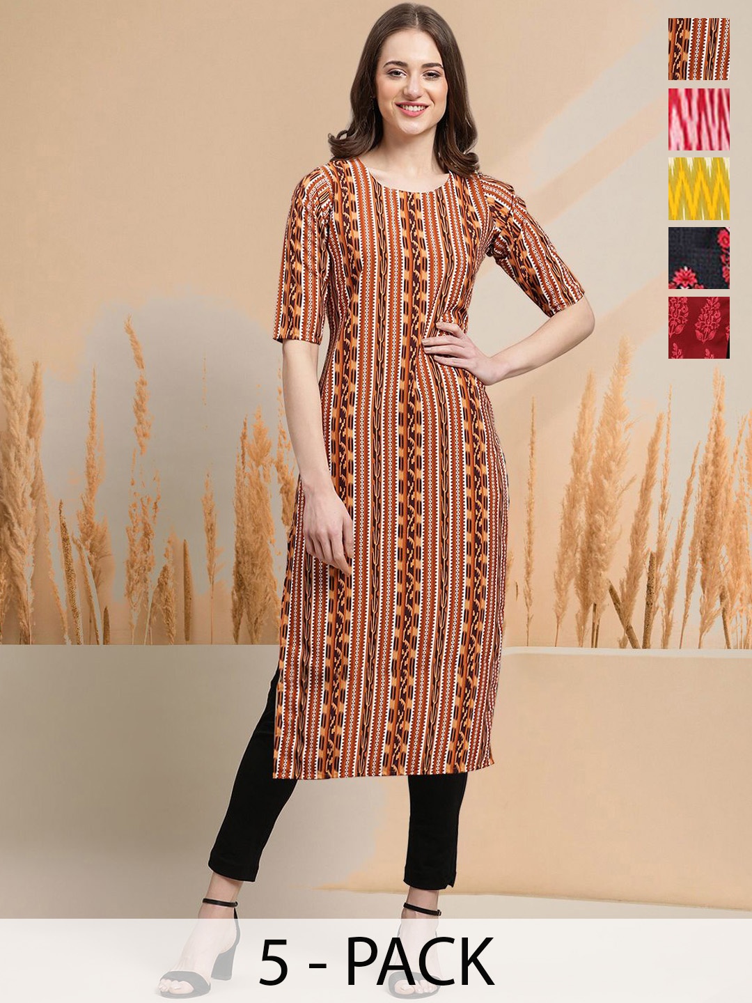 

7Threads Selection Of 5 Ethnic Motifs Printed Round Neck Straight Kurtas, Brown