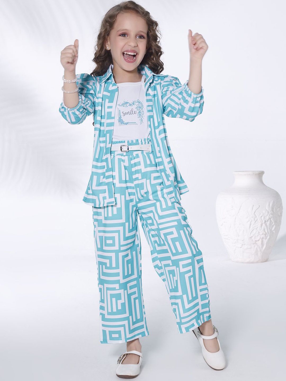 

Ministitch Girls Printed T-Shirt With Shirt And Palazzo, Blue