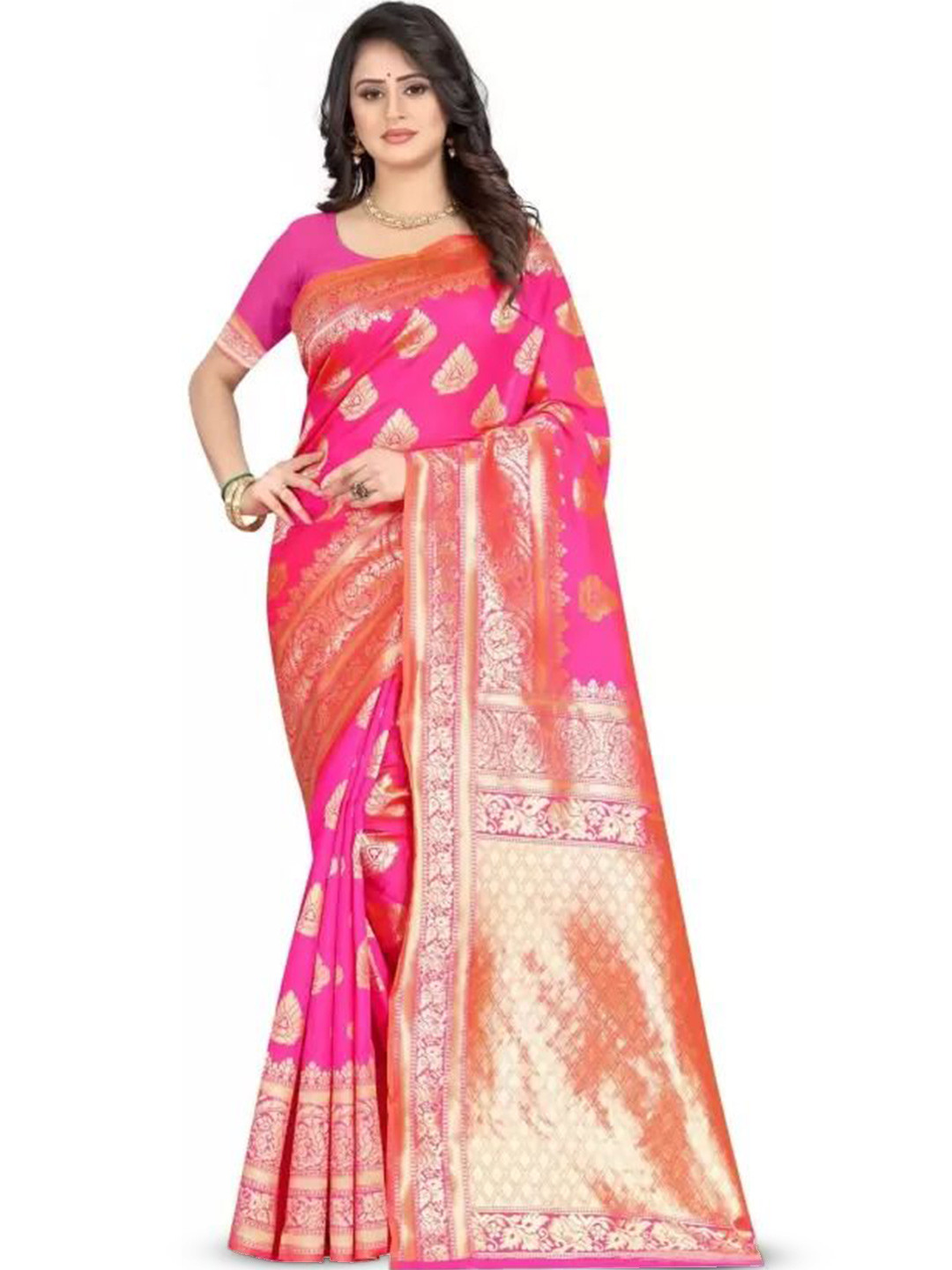 

Florence Woven Design Zari Pure Silk Kanjeevaram Saree, Pink