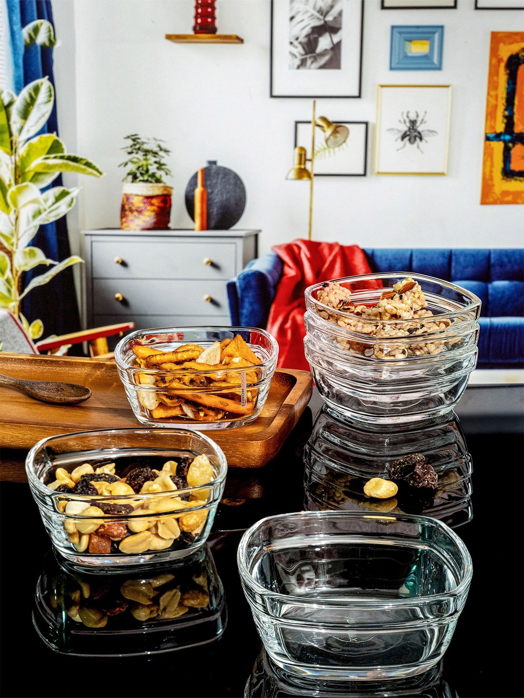 

GOODHOMES Transparent Set Of 6Pcs Glossy Glass Square Bowl 170 ml