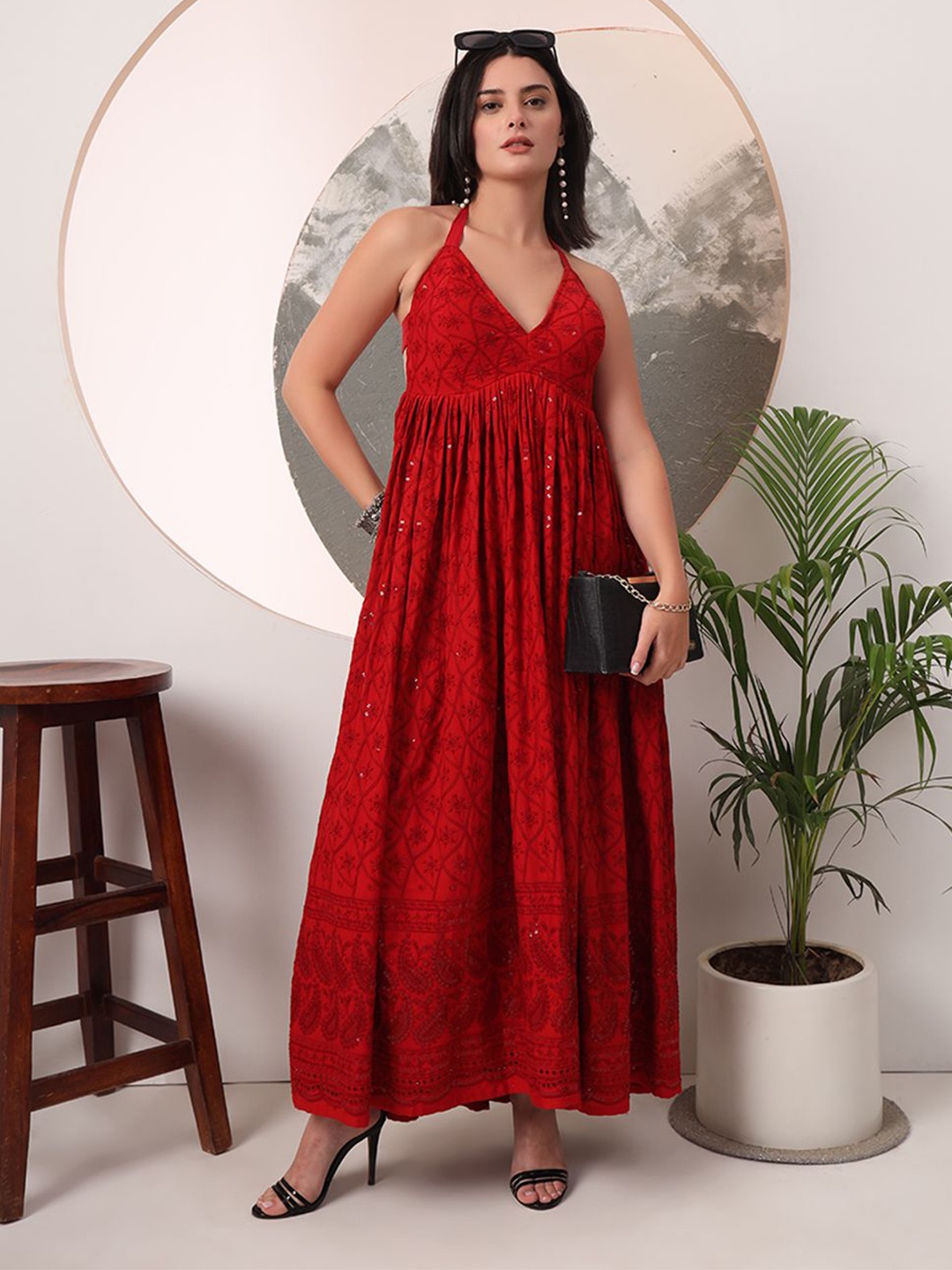 

Mitera Women Embroidered Halter Neck Maxi Dress, Red