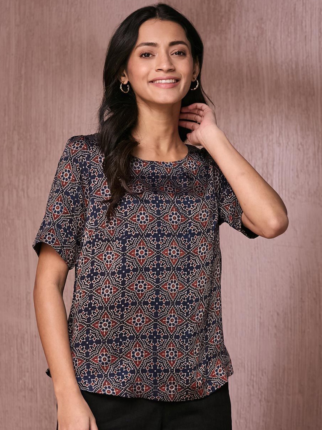 

Fabindia Ajrakh Printed Short Sleeves A-Line Top, Navy blue