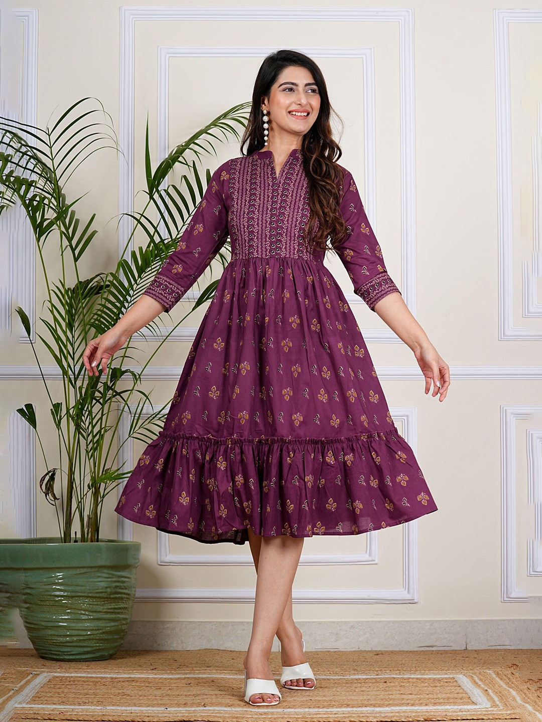 

SITA FASHION HUB Floral Printed Pure Cotton Fit & Flare Midi Ethnic Dress, Maroon