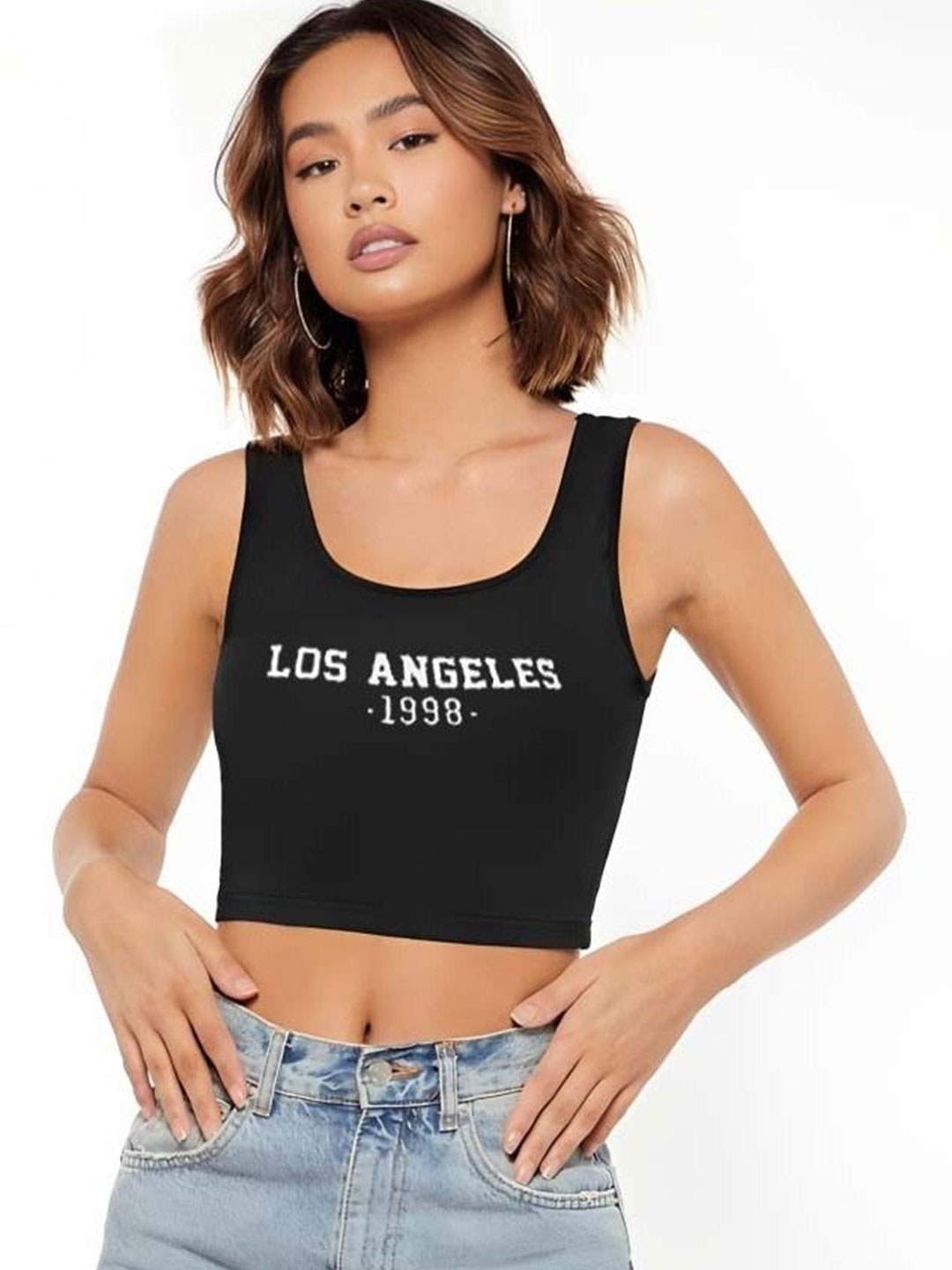 

sollobell Print Cotton Tank Crop Top, Black