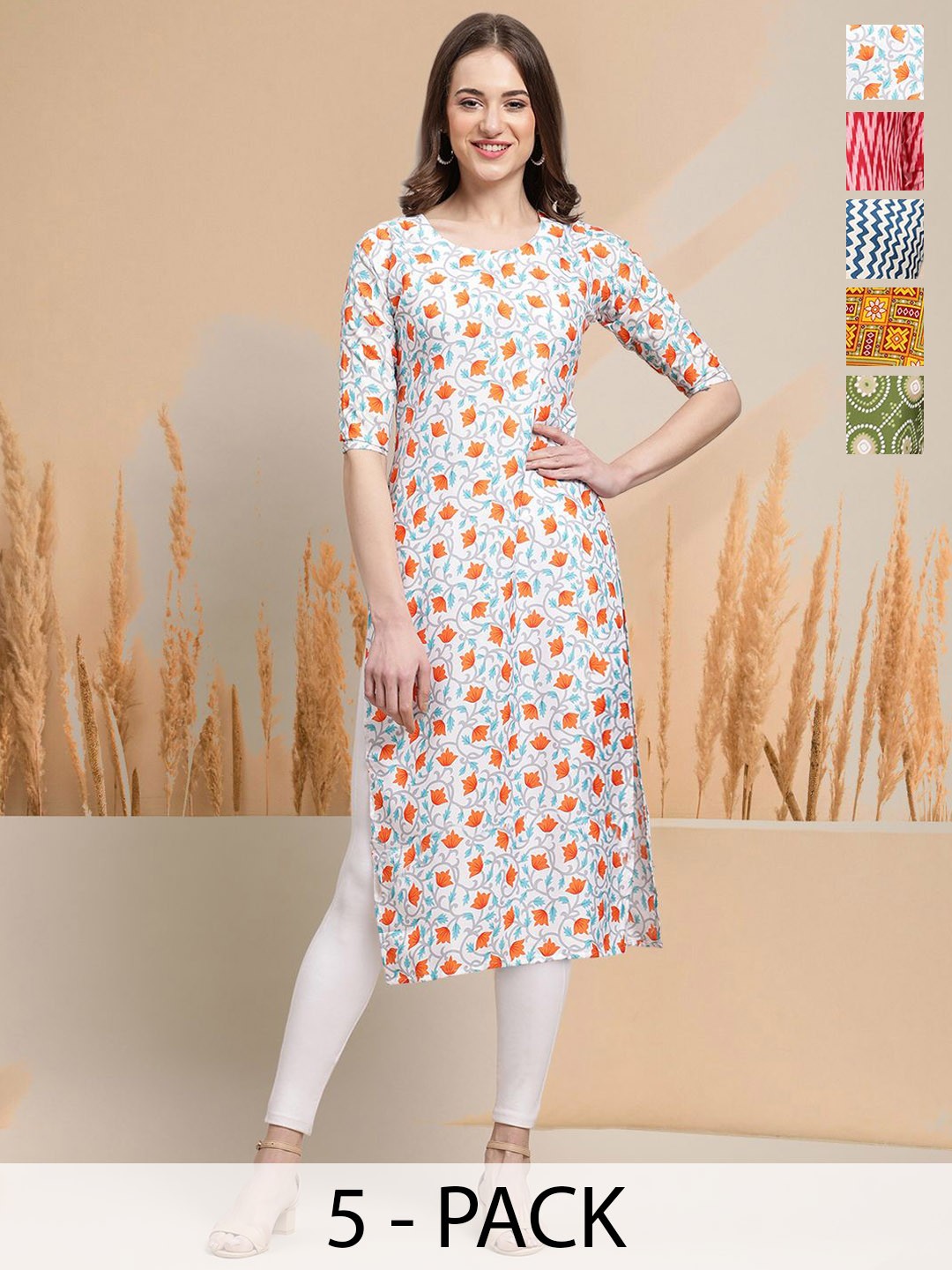 

7Threads Selection Of 5 Floral Printed Round Neck Straight Kurtas, White
