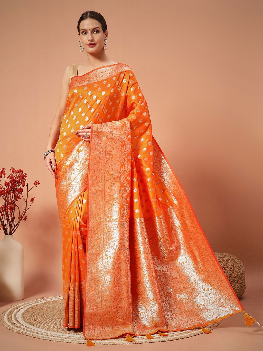 

SWAMI STUDIO Woven Design Pure Silk Banarasi Saree, Orange