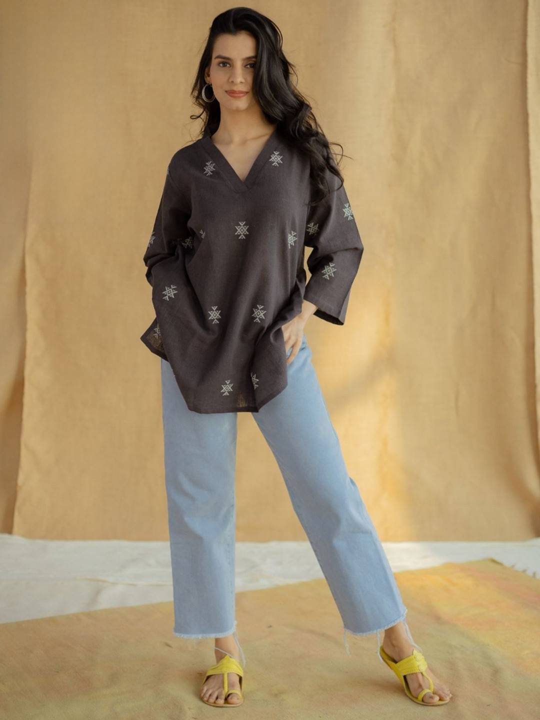 

THE INDIAN ETHNIC CO Print Cotton Top, Charcoal