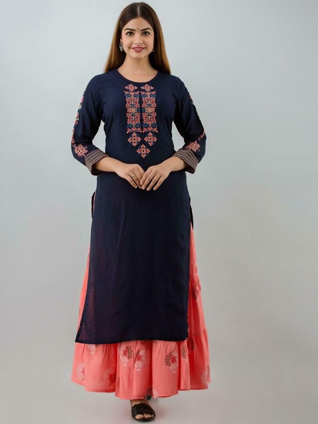 

AARYAHI Ethnic Motifs Thread Work Round Neck Straight Pure Cotton Kurta With Skirt, Navy blue