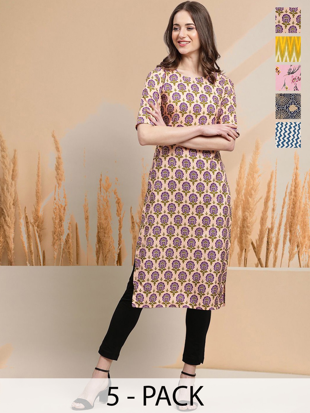 

7Threads Selection Of 5 Ethnic Motifs Printed Round Neck Straight Kurtas, Pink