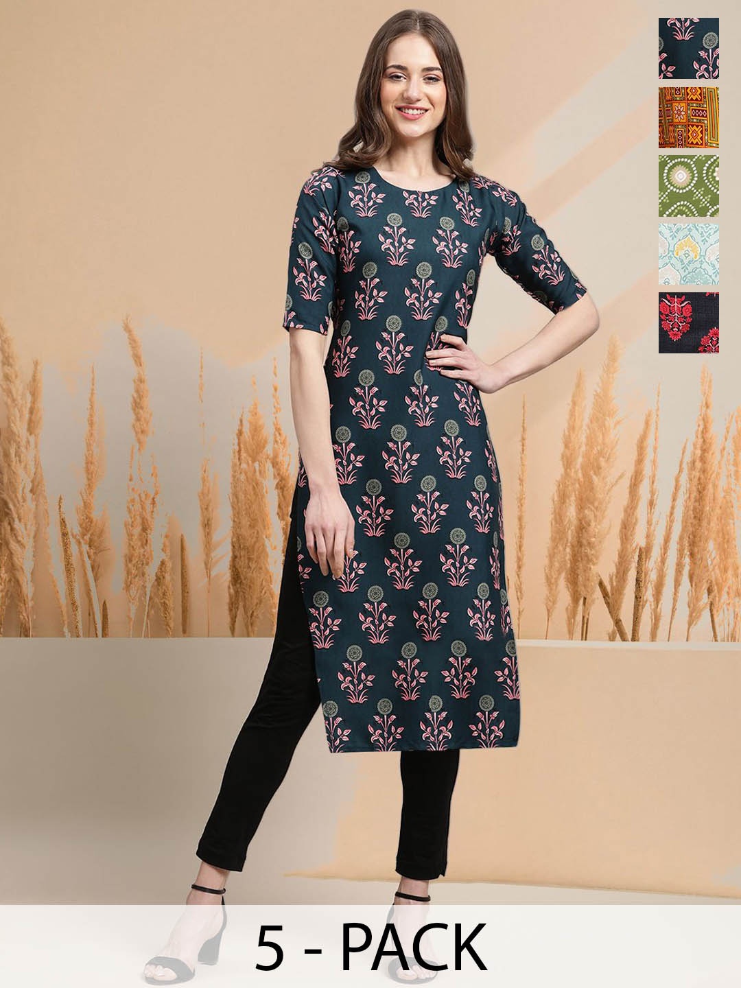 

7Threads Selection Of 5 Floral Printed Round Neck Straight Kurtas, Teal