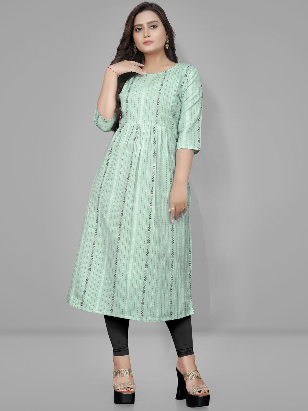 

Lerkiza Maternity Stripes Printed Round Neck Pure Cotton Anarkali Kurta, Sea green