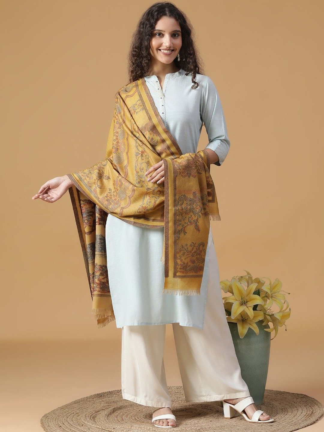 

SHINGORA Floral Woven Design Skin Friendly Pure Woollen Shawl, Mustard